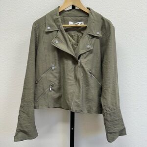 DKNY Women's Zipper Detail Crinkle Moto Jacket Utility Green Size XL